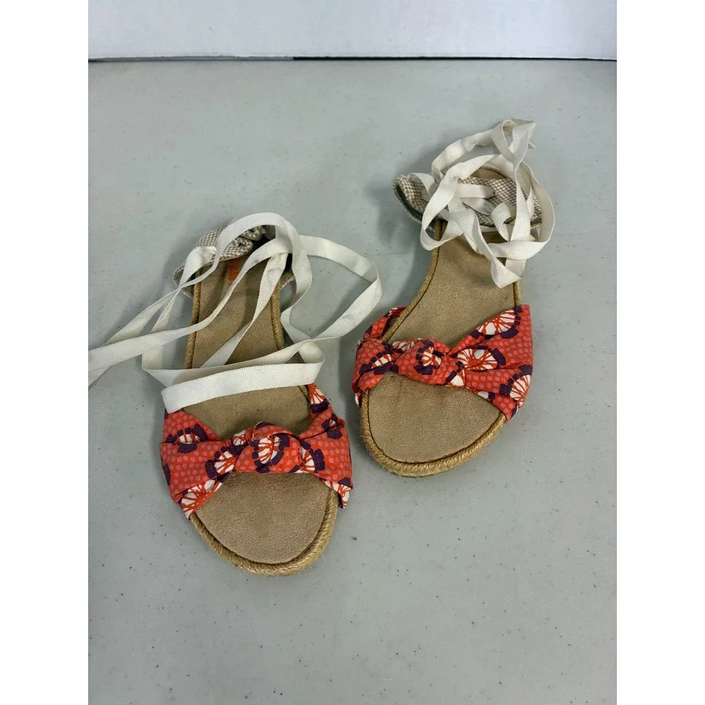 Old Navy Womens Espadrille Ankle Tie Sandals Coral Pink Floral Knot‎ Flat Size 9